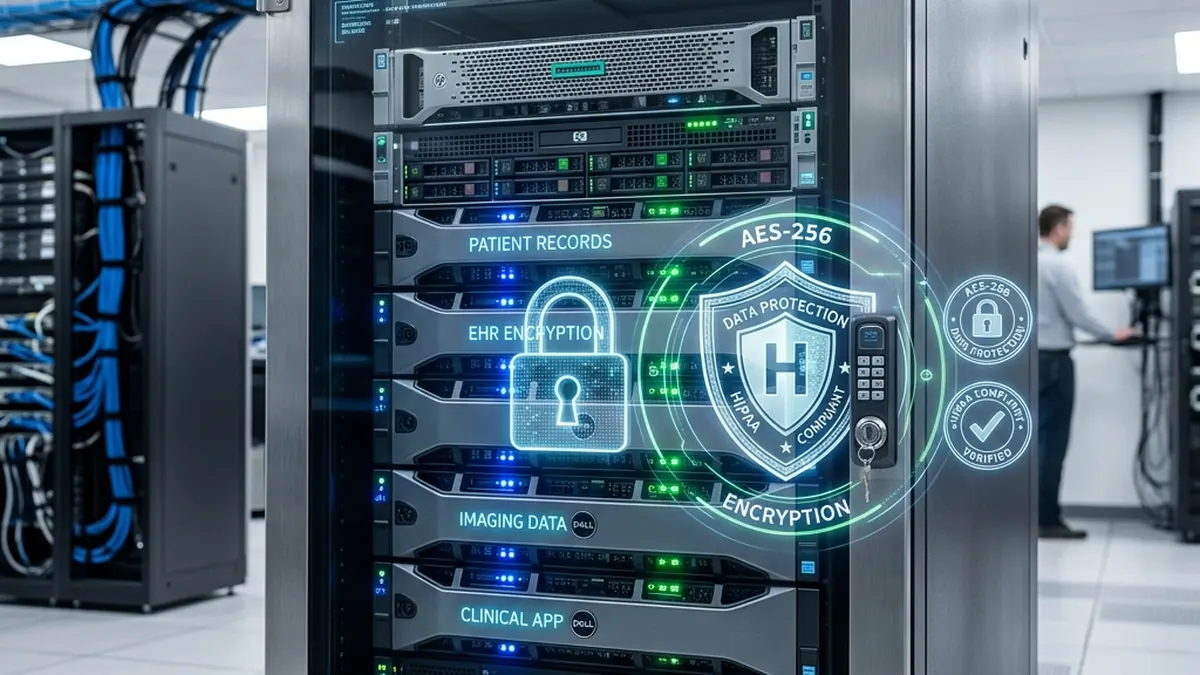 Server rack in an enterprise data center with a security shield graphic