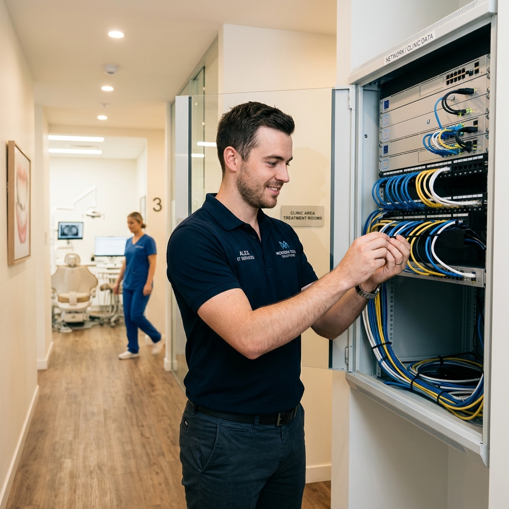 Friendly Dental IT technician configuring network gear in a modern clinic environment