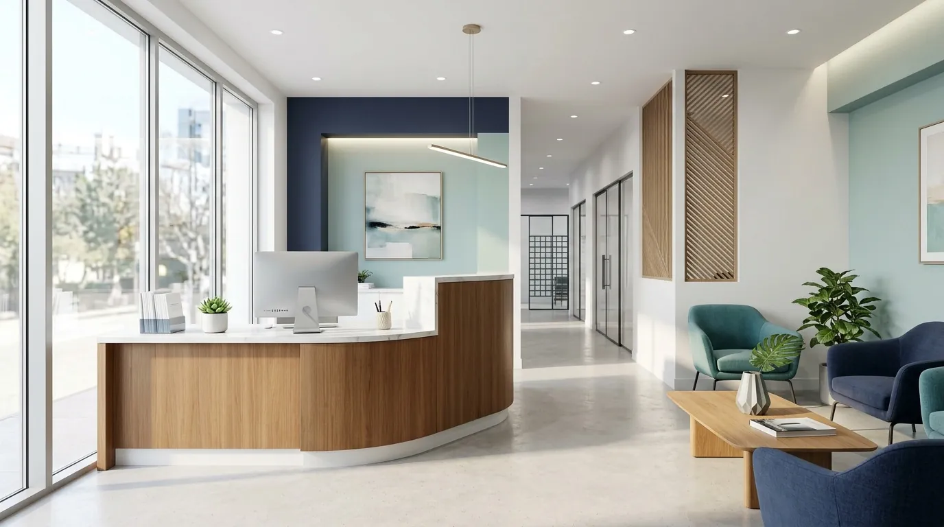 Bright, modern dental practice reception desk with a front-desk workstation